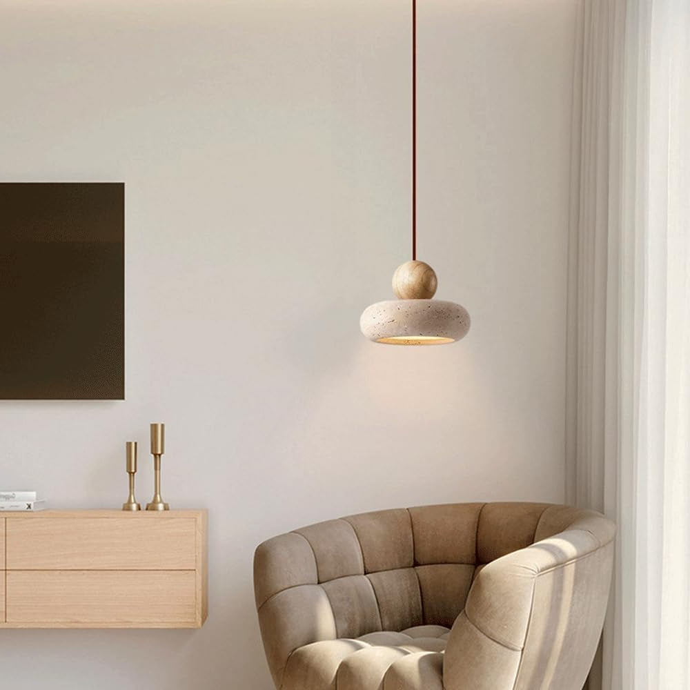 Natural Stone Travertine Pendant Light – Modern Beige Ceiling Fixture with Adjustable Height for Elegant Indoor Spaces 3